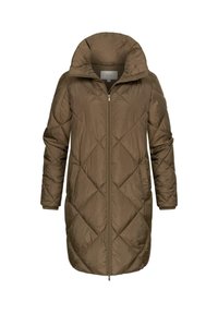 Manteau matelassé long à capuche en vert olive, avec fermeture éclair sur le devant, poches latérales et surpiqûres en forme de losange pour une texture.