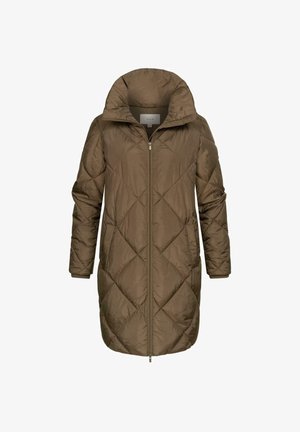 Pikk, kapuutsiga soojustatud mantel oliivrohelises värvitoonis, millel on tõmblukk, küljetaskud ja läbipõimitud teemantkujulised õmblused tekstuuri jaoks.