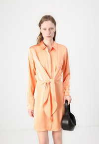Robe chemise en satin pêche avec des manches longues, devant boutonné, détail de taille nouée et texture lisse. Sac à main noir tenu à la main droite.