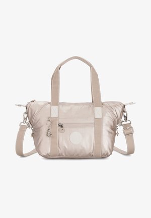 Beige metallic handbag with short and long straps, zippered front pocket, and round logo patch. Smooth texture, compact shape.