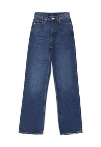 Wide-leg blue denim jeans with a high waist, featuring a button closure, five pockets, and subtle fading on the fabric.