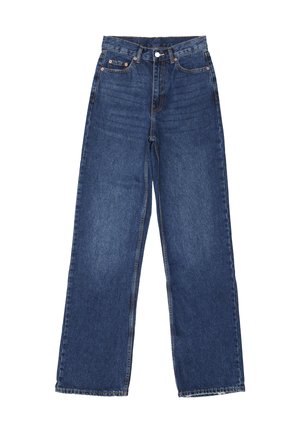 Weite blaue Jeans mit hoher Taille, Knopfverschluss, fünf Taschen und subtilen Verwaschungen auf dem Stoff.
