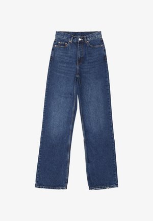 Wijde spijkerbroek in blauwe denim met hoge taille, voorzien van een knoopsluiting, vijf zakken en subtiele vervaging op de stof.