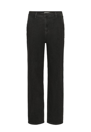 Jean en denim noir à jambe droite avec poches avant, passants de ceinture et fermeture éclair.