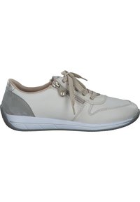 Light grey athletic shoes with textured leather upper, rounded toe, patterned laces, and silver-accented zip detail. Rubber sole.