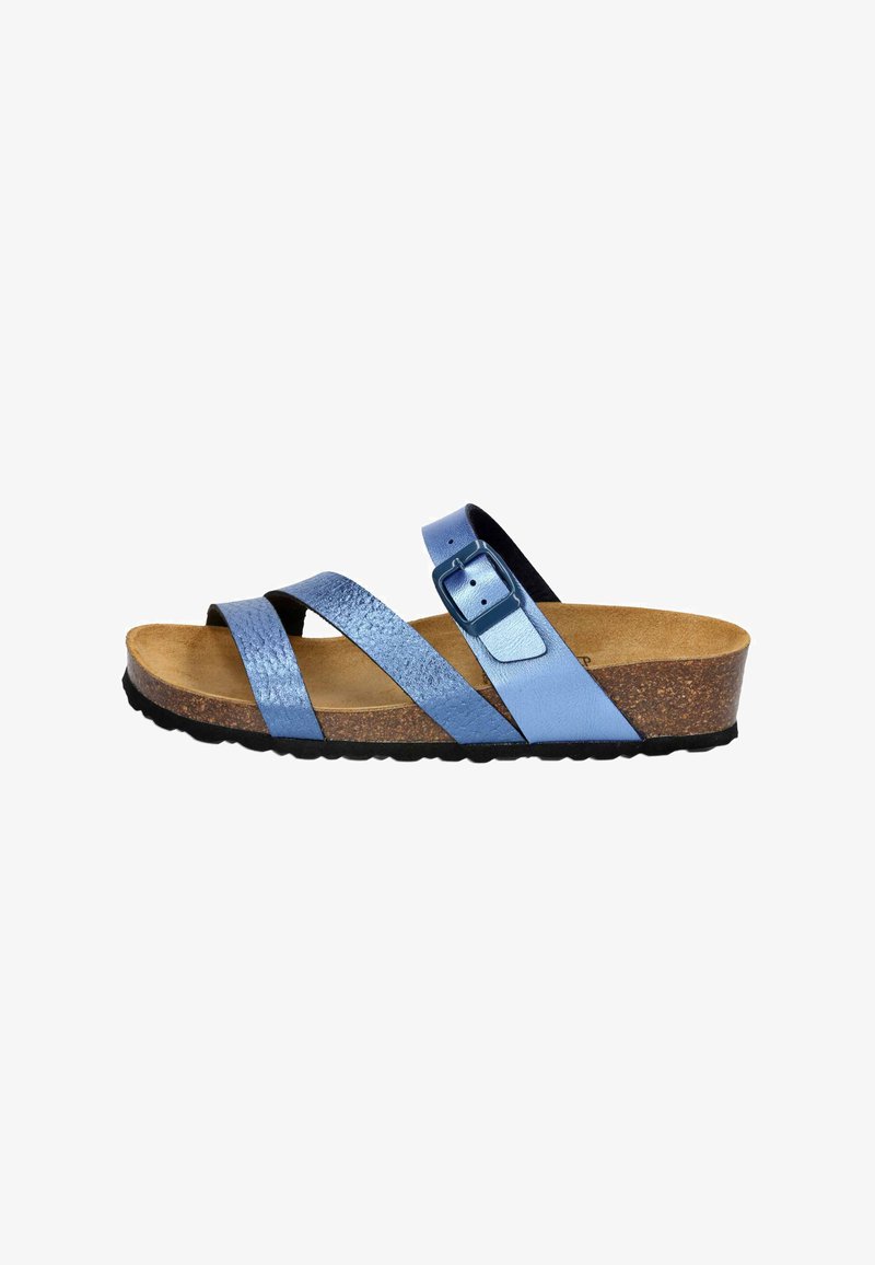Blue leather slide sandal with three straps, textured metallic finish, cork footbed, and a black rubber outsole. Adjustable buckle on strap.