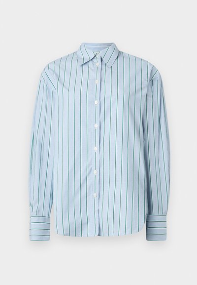 Light blue long-sleeve shirt with vertical green stripes, button-down front, and contrasting striped cuffs. Smooth fabric, classic collar design.