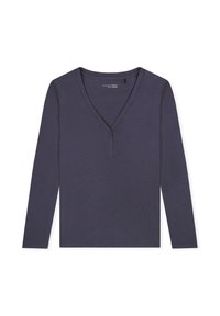 Long-sleeve, deep V-neck top in dark purple, ribbed texture with three-button placket. Simple design, soft fabric, and relaxed fit.