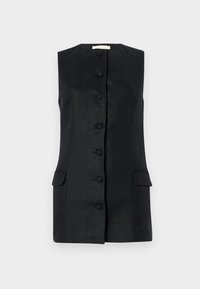 Černá vesta bez rukávů s rovnou siluetou, vysokým límcem, pěti knoflíky vpředu a dvěma bočními kapsami. Texturovaná látka.