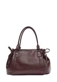 Ciemnobrązowa skórzana torebka z dwoma górnymi uchwytami, bocznymi troczkami oraz srebrnymi nitami na białym tle.