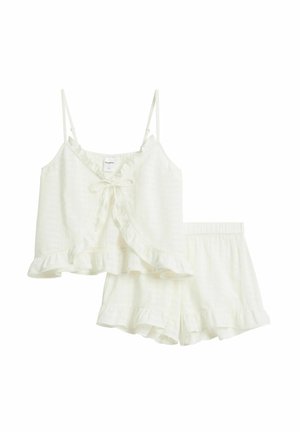 Witte katoenen tweedelige pyjama met spaghetti-strap top met een strik aan de voorkant en gerimpelde randen, gecombineerd met shorts met elastische taille en ruches.