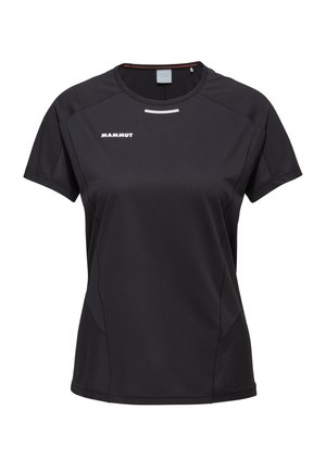 Zwarte T-shirt met korte mouwen, gemaakt van synthetische stof. Heeft een ronde hals, vlakke naden en een reflecterende accent. Logo gedrukt op de borst.