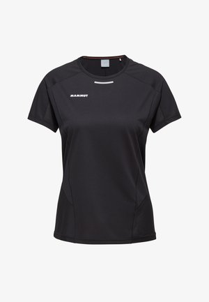 Maglietta nera a maniche corte realizzata in tessuto sintetico. Presenta un collo rotondo, cuciture piatte e un accento riflettente. Logo stampato sul petto.