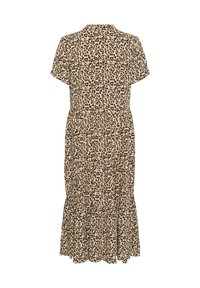 Robe à imprimé léopard, à manches courtes, avec un ourlet à volants en couches, fabriquée en tissu léger, dans des tons beiges et brun foncé.