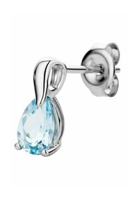 Sterling silverą auskarai, turintys lašo formos, šviesiai mėlyno kūno akmens, laikomo elegantiškame, minimalistiniame laikiklyje.