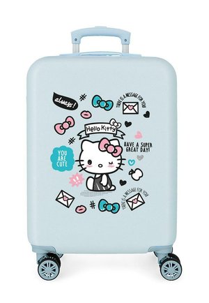Maleta azul claro con el dibujo animado Hello Kitty, lazos rosas, corazones, sobres con mensajes y frases como "Eres adorable" y "Que tengas un día súper genial."