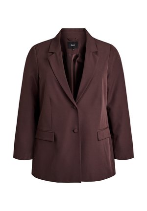 Blazer marrón, cierre de un botón, solapa de pico, dos bolsillos frontales, ajuste entallado, textura suave. Etiqueta de marca visible en el interior.