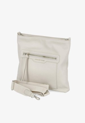 Off-white Leder-Crossbody-Tasche mit vorderer Reißverschlusstasche, abnehmbarem, verstellbarem Stoffriemen und silberfarbenen Beschlägen.
