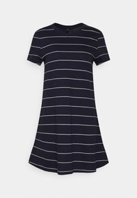 Vestido de manga curta azul-marinho com riscas brancas, apresentando um decote redondo e uma bainha rodada. Feito de um tecido leve e suave.