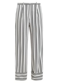 Breda byxor i ett mjukt, lätt material med vertikala svarta och vita ränder, med en uppvikning vid nederkanten och diskreta veck.