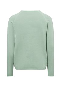 Muntgroene trui met ribbeltextuur, lange mouwen en ronde hals. Heeft een rechte snit en minimale details.