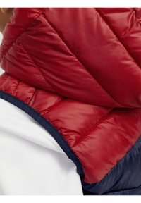 Närbild av en person som bär en röd och marinblå vadderad jacka över ett vitt plagg.