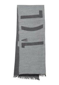 Sciarpa grigia con accenti più scuri, caratterizzata da un motivo grafico moderno e dettagli a frange alle estremità. Materiale in misto lana testurizzato.