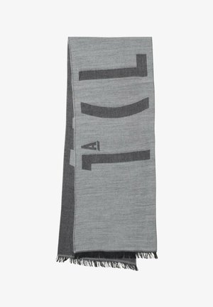 Sciarpa grigia con accenti più scuri, caratterizzata da un motivo grafico moderno e dettagli a frange alle estremità. Materiale in misto lana testurizzato.