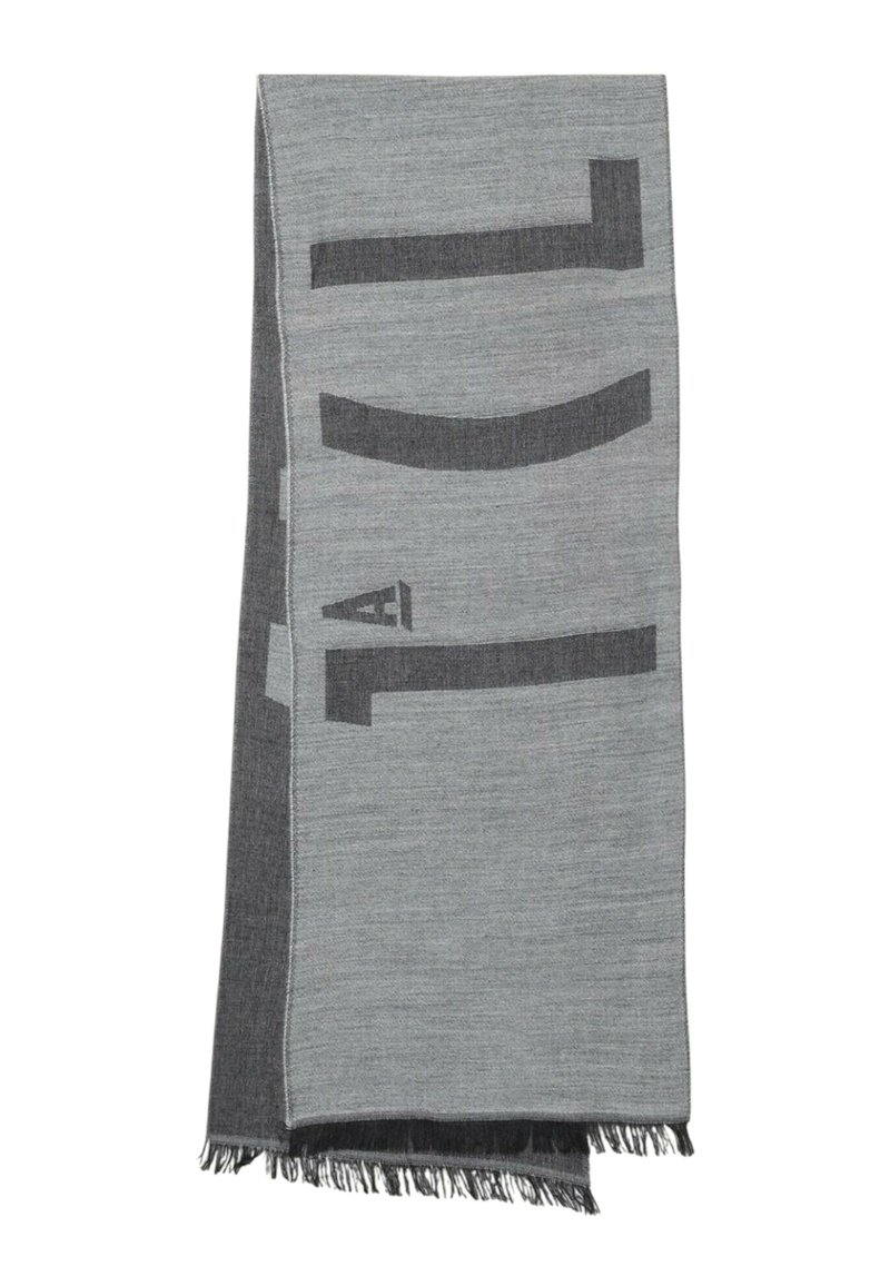 Sciarpa grigia con accenti più scuri, caratterizzata da un motivo grafico moderno e dettagli a frange alle estremità. Materiale in misto lana testurizzato.