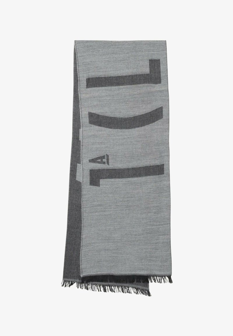 Sciarpa grigia con accenti più scuri, caratterizzata da un motivo grafico moderno e dettagli a frange alle estremità. Materiale in misto lana testurizzato.