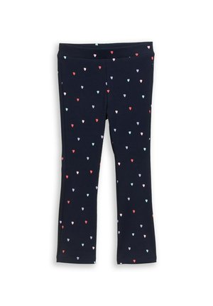 Donkerblauwe kindertights met elastische tailleband, versierd met kleine hartjes in rood, roze, paars en lichtblauw verspreid over het gehele oppervlak.