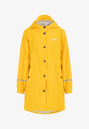 Impermeabile giallo con cappuccio, dotato di bottoni neri, dettagli riflettenti sulle maniche e un piccolo logo di ombrello bianco.