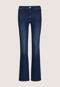 Flared dark blue jeans made of denim. Features a classic five-pocket design and a zipper fly with a button closure.