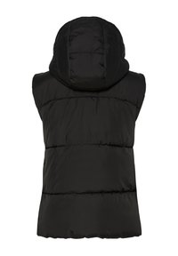 Svart ärmlös vadderad väst med huva, visad bakifrån mot en enkel vit bakgrund.