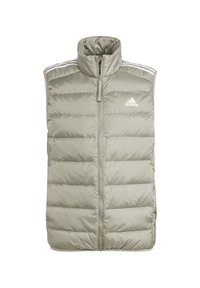 Lehká šedá péřová vesta s vysokým límcem, plným zipem a třemi bílými pruhy na ramenech. Na hrudi je logo adidas.