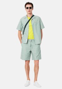 Koszula w zielono-białe paski z krótkim rękawem i pasujące spodenki, do tego żółta koszulka i białe trampki, noszone z okularami przeciwsłonecznymi.