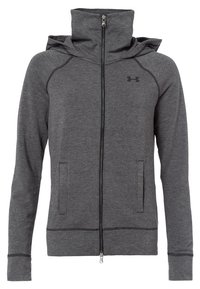 Sweat à capuche zippé gris foncé avec col montant, deux poches avant, manches longues et logo Under Armour sur la poitrine.