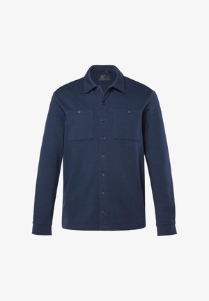 Marineblaue langärmlige Hemdbluse mit zwei vorderen, knöpfbaren Brusttaschen und klassischem Kragen.