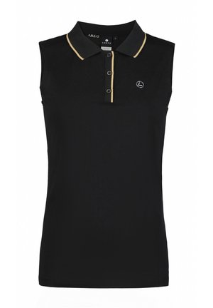 Zwarte mouwloze polo met een kraag, met gouden accenten, drie knopen aan de voorkant en een klein logo op de borst.