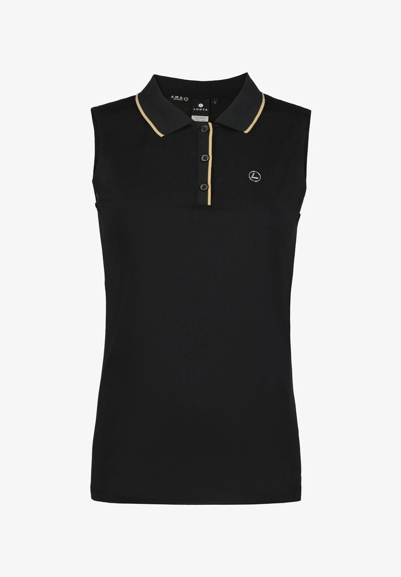 Polo noir sans manches avec col, ornée de accents dorés, trois boutons à l'avant et un petit logo sur la poitrine.