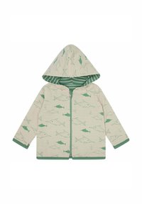 Giacca con cappuccio di un beige chiaro, decorata con motivi di pesci verdi, chiusura frontale con zip e fodera interna a righe verdi. Presenta maniche lunghe e bordature verdi.