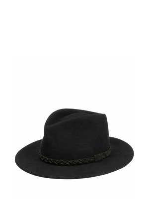 Schwarzer Filz-Fedora-Hut mit breiter Krempe und geflochtenem Band am unteren Rand der Krone.