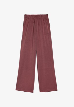 Bordo laiendatud püksid, mis on valmistatud pehmest ja venivast kangast, elastse vöökoha ja küljetaskutega. Sile tekstuur ilma nähtavate mustriteta.