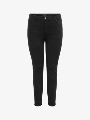 Sorte smale jeans med knapp- og glidelåslukking foran, beltehemper og forkrommede lommer, vist på hvit bakgrunn.