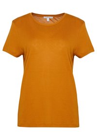 T-shirt giallo senape a maniche corte realizzato in tessuto morbido, con scollatura rotonda e vestibilità comoda, caratterizzato da dettagli di cucitura lungo le cuciture.