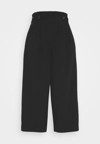 Zwarte wijde broek met een hoge tailleband, dubbele knoopsluiting en plooien aan de voorkant. Soepele textuur, enkel-lengte design.
