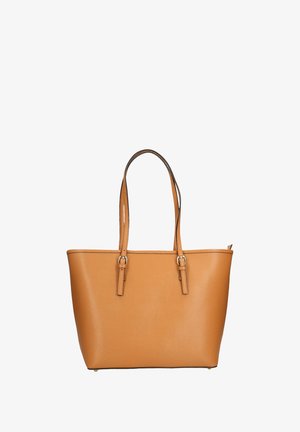 Sac fourre-tout synthétique marron avec deux longues poignées, texture lisse, forme rectangulaire, fermeture zippée sur le dessus et design minimaliste.