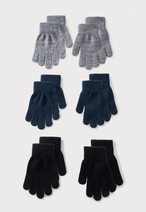 Drei Paar gestrickte Handschuhe in Grau, Marineblau und Schwarz, in zwei Spalten auf weißem Hintergrund angeordnet.