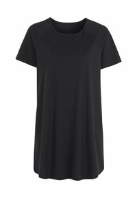 Svart kortärmad t-shirt med rund halsringning, tillverkad av mjukt tyg, med en avslappnad passform och en rundad nederkant.