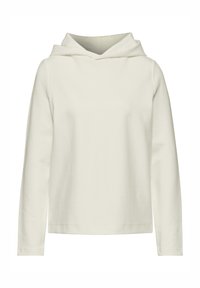 Sudadera con capucha de manga larga en algodón crema, con un diseño sencillo y una silueta ceñida. Presenta un bolsillo delantero tipo canguro y puños acanalados.